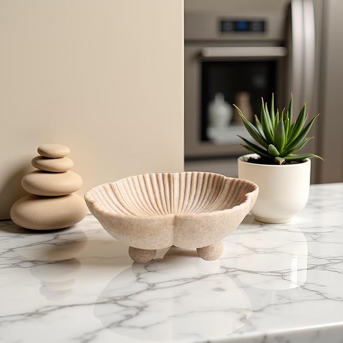 Large Decorative Bowl decor, Scalloped Pedestal Bowls for Modern Home Decor,Ruffle Decor,Stylish Key Bowl for Entry Table,Decorative Fruit Bowl for Kitchen Counter, Artificial Stone Beige