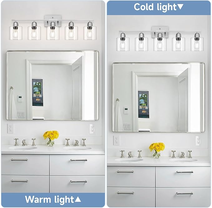 Bathroom Light Fixtures Brushed Nickel, 5 Light Bathroom Vanity Light Over Mirror, Vanity Lights with Clear Glass, E26 Socket