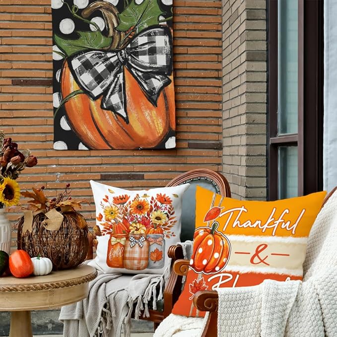 GEEORY Fall Throw Pillow Covers 20x20 Inch Set of 4, Pumpkins Floral Mason Jars Happy Fall Y'all Thankful & Blessed Orange Autumn Seasonal Decorative Farmhouse Decoration for Home G552-20