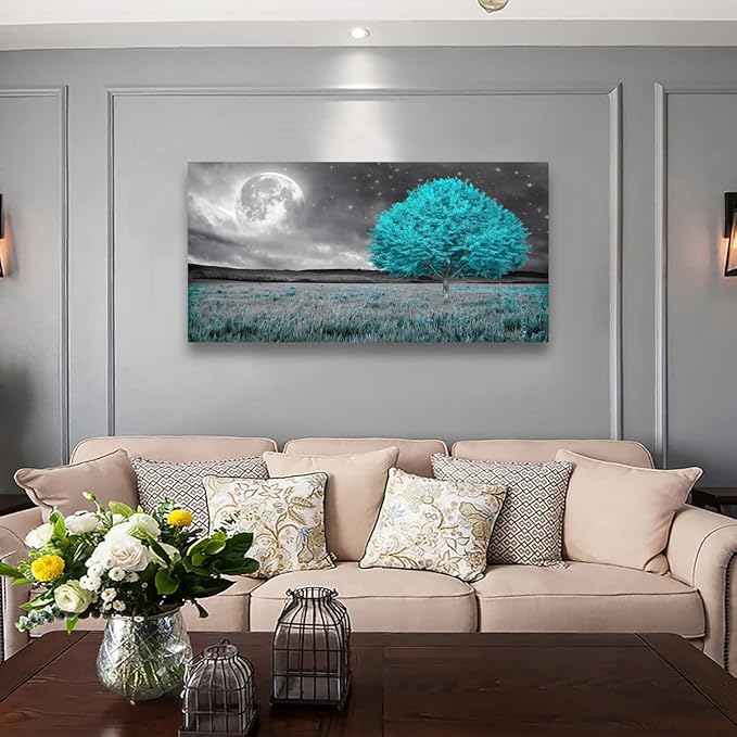 Tree of Life Wall Art Picture Canvas Prints Room Wall Décor Blue Tree with Full Moon Paintings for Living Room Bathroom Bedroom Home Kitchen Decorations Natural Artwork Wooden Framed 20x40inches