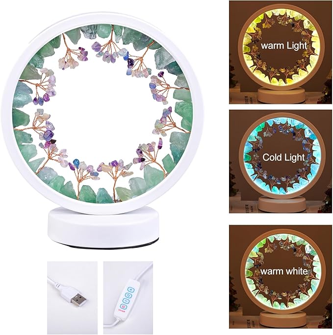 Runyangshi Natural Crystal Green Fluorite Small Tree Round White Frame Tri-Color Ambient Light Home Decoration Night Light Mother's Day Gift