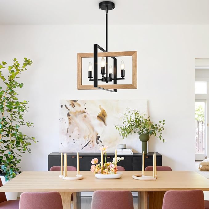 17" Farmhouse Natural Wood Chandelier, (4-Light, 17-Inch), Rustic Dining Room Light Fixtures Over Table, Adjustable Hanging Light Fixture for Kitchen, Living Room, Foyer, Entryway