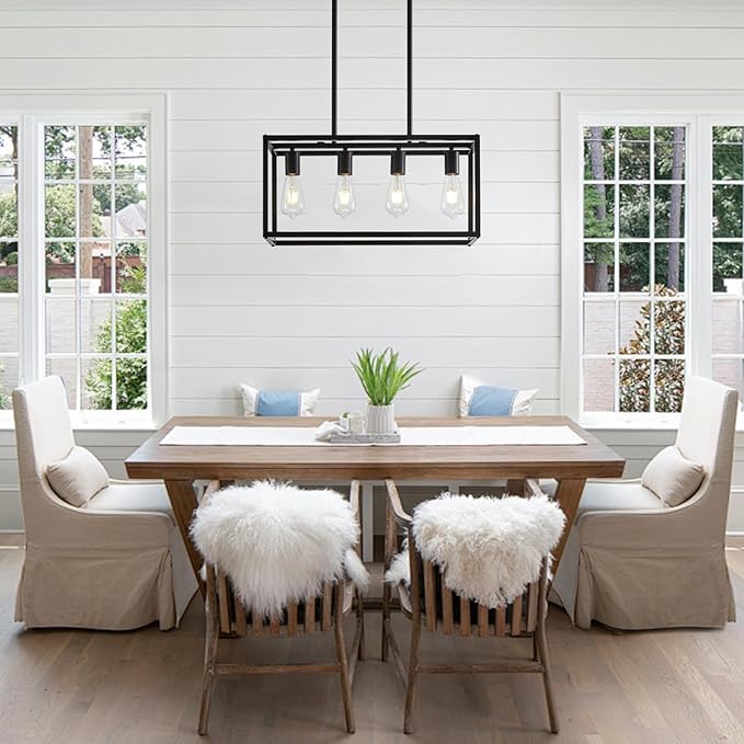Dining Room Light Fixture 4 Light Black Farmhouse Chandelier Modern Kitchen Island Pendant Lighting Rectangular Hanging Lights for Kitchen Dining Room Adjustable Height Metal E26 Base