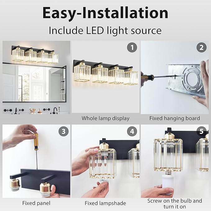 Bathroom Vanity Light Fixtures Over Mirror - Makeup Lighting Black Gold - for Modern Wall, Bath, Desk, Farmhouse, Hallway 4 Crystal Lights