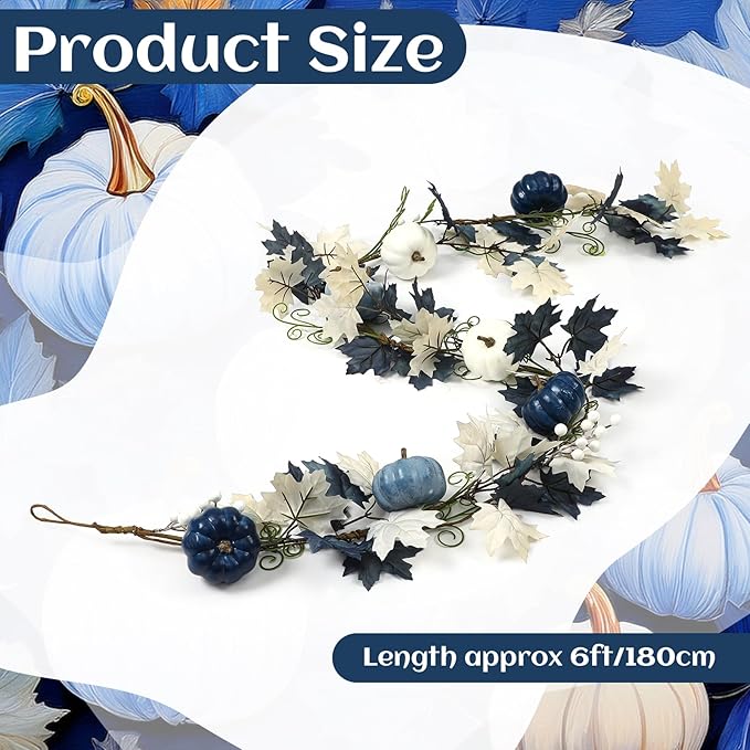Zeyune 6ft Fall Blue Garland Decor Long Thanksgiving Garland with Pumpkin Autumn Maple Leaves White and Blue Pumpkins Wreath Hanging Rustic Decor for Front Door Kitchen Fireplace Home Indoor Outdoor