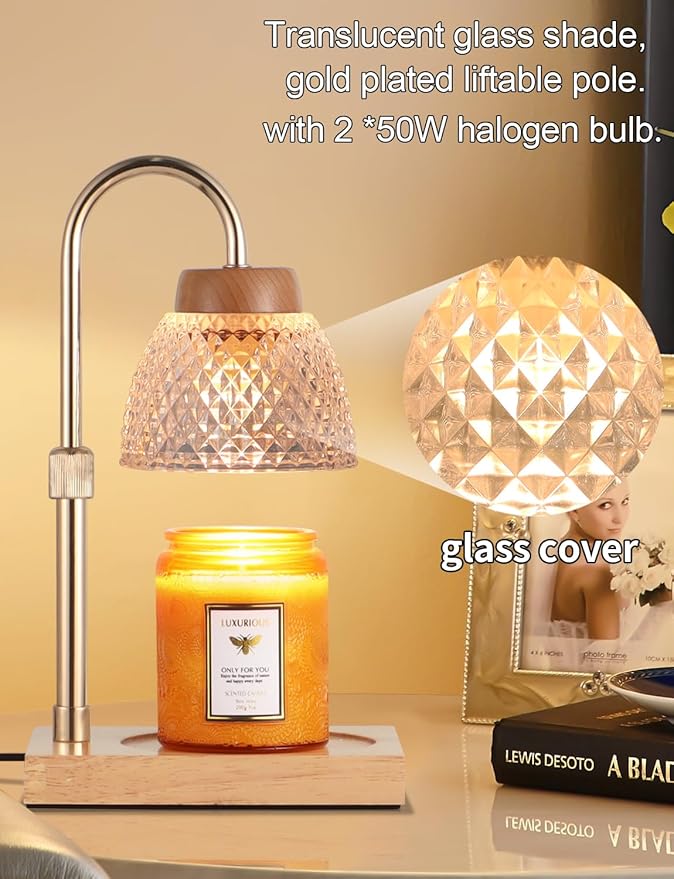 Dimmable Candle Warmer Lamp with Timer, Electric Wax Melt Warmer for Jar Scented Candles Adjustable Height, Mothers Day Birthday Gifts for Women Mom Grandma Home Offices Decor, with 2 Bulbs(Gold)