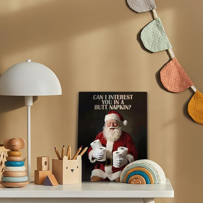 FITIE Black Santa Bathroom Christmas Canvas Wall Art Poster, Funny Humorous Holiday Winter Christmas Framed Artwork Prints Wall Decor for Bathroom Washroom Restroom Toilet, 11x14 Inch