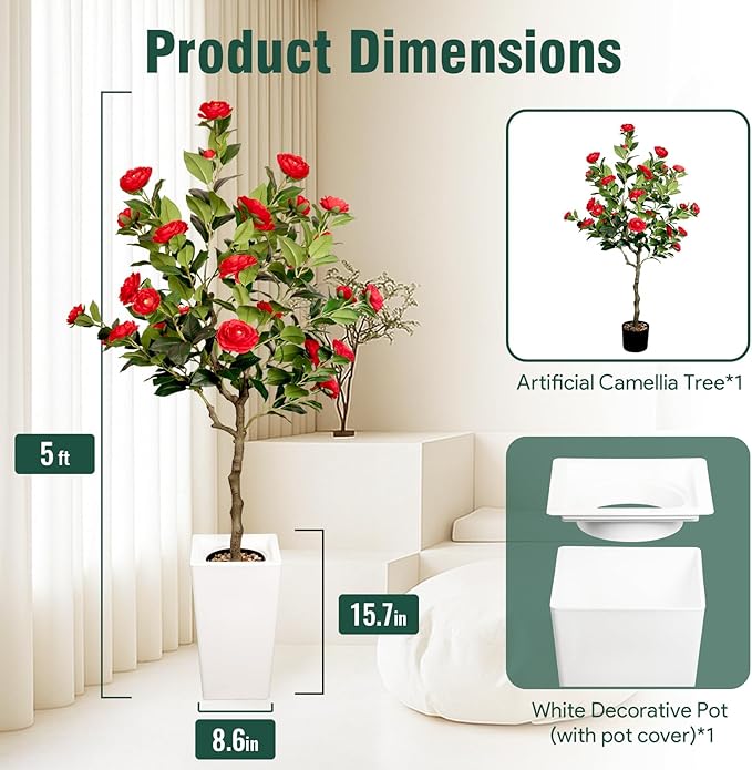 Artificial Camellia Tree 5FT, Red Flower Tree in White Pot, Faux Outdoor Indoor Plant, Potted Artificial Flower for Home Office Housewarming Porch Decor (61'' Height)