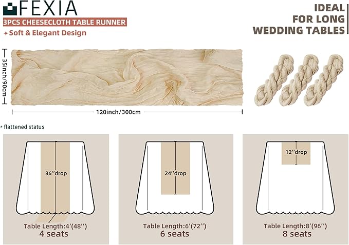 FEXIA 3 Pack Beige Table Runner 35x120 Inches for Baby Shower Decoration Gauze Spring Easter Table Runner for Wedding Party First Communion Centerpiece Engagement Bridal Shower Decoration