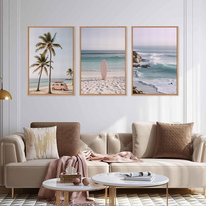 HPINUB Beach Seascape Framed Canvas Wall Art Set,Palm Tree Surfboard Nature Wall Decor,Modern Coastal Landscape Artwork Relax Summer Ocean Art Print for Living Room,Bedroom,Bathroom Decor-24 x36 x3