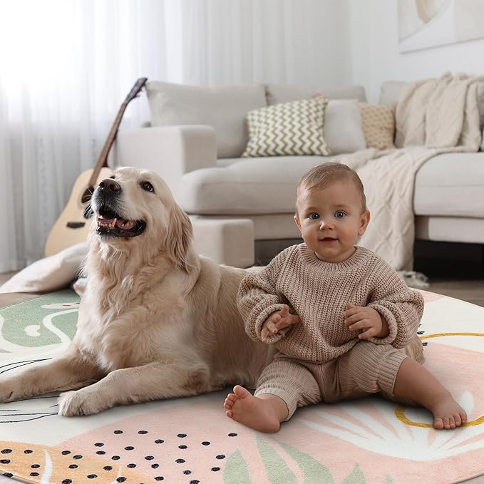 Lahome Pink Round Area Rug - 4Ft Washable Non-Slip Small Circle Boho Throw for Bedroom, Low-Pile Soft Cute Nursery Girls Room, Botanical Print Indoor for Dorm Bathroom