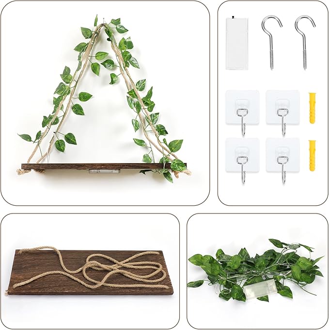 Floating Shelves for Wall No Drilling,Wall Dcorations Art,Hanging Shelf,Leaves and Light Strip with Flower,Set of 2 Plant Decor for Home House Livingroom Bedroom Officer,Boho Decor,Gifts for Woman