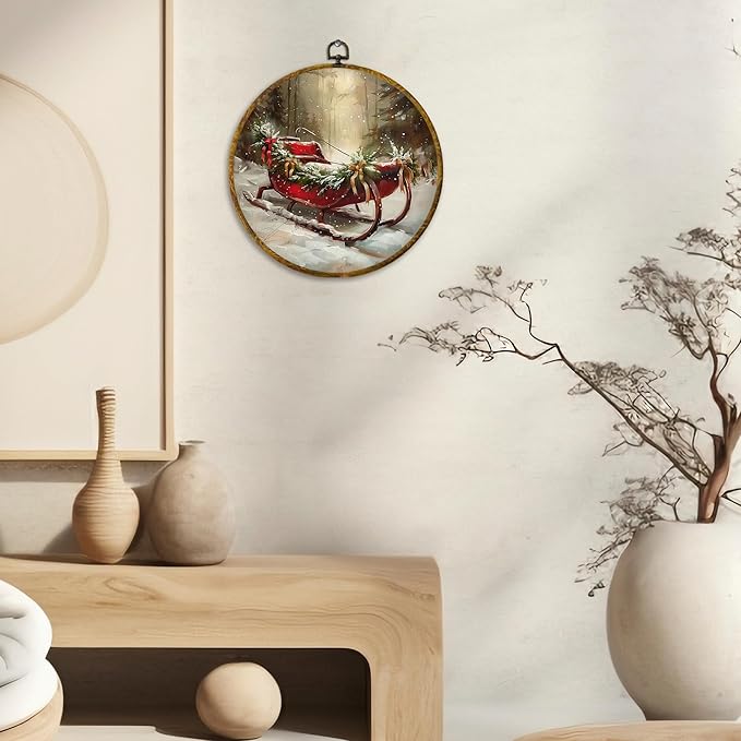 CUANFDDSF Vintage Christmas Sleigh Round Wall Art Decor, Rustic Farmhouse Winter Xmas Sleigh Holiday Wall Hanging Frame Decor, Cozy Christmas Canvas Prints Decorations for Home Bedroom, 10x10 Inch