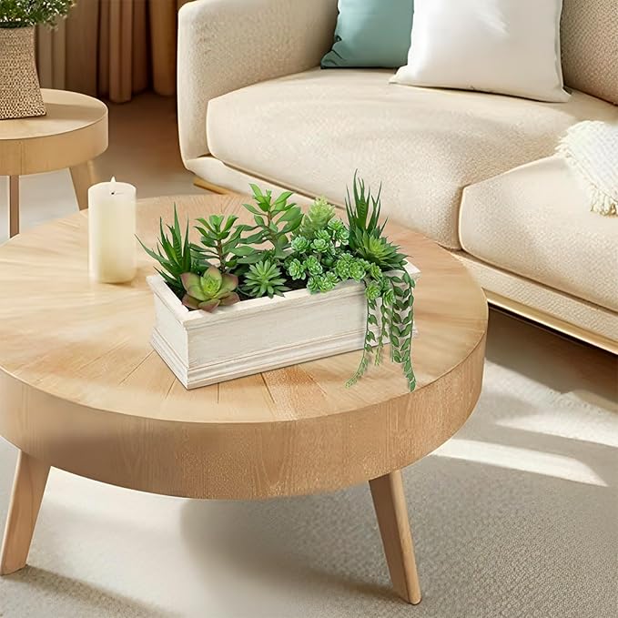 Artificial Succulents Fake Plants in White Rectangular Wooden Pots Artificial Potted Succulents Faux Plants Arrangement for Table Centerpiece Farmhouse Shelf Mantel Tropical Greenery Decor
