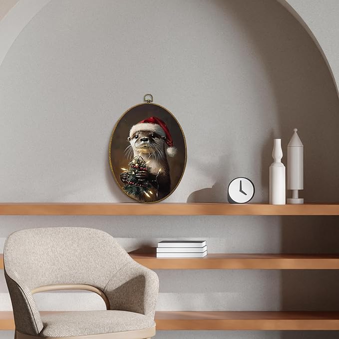 CUANFDDSF Vintage Christmas Otter Oval Wall Art Decor, Dark Academia Santa Otter Wall Hanging Decor, Rustic Holiday Winter Christmas Framed Canvas Prints for Home Bedroom Living Room, 8.6x11.4 Inch