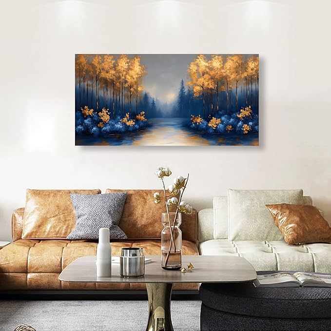 Abstract Scenery Pictures Canvas Wall Art for Living Room Office Bedroom Wall Decor,Blue Forest Golden Tree Wall Art Print Paintings Modern Landscapes Artwork Waterproof Ready to Hang-20x40inch