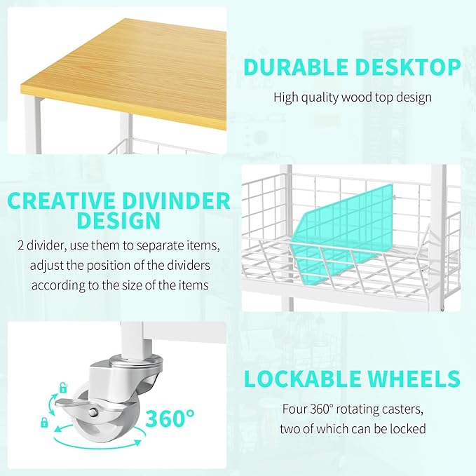 HapiRm Kitchen Fruit Vegetable Cart - 4 Tier Rolling Storage Rack with Wheels and Dividers, Coffee Station Cart Rack Shelf Organizer for Onion, Potato, Snack, Fruit, Vegetable Storage Stand, White