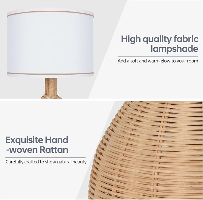 Rattan Table Lamp Set of 2 - Natural Woven Design, 15W LED Bulb Included, Modern Boho Style Nightstand Lamps for Bedroom, Living Room, or Office Decor