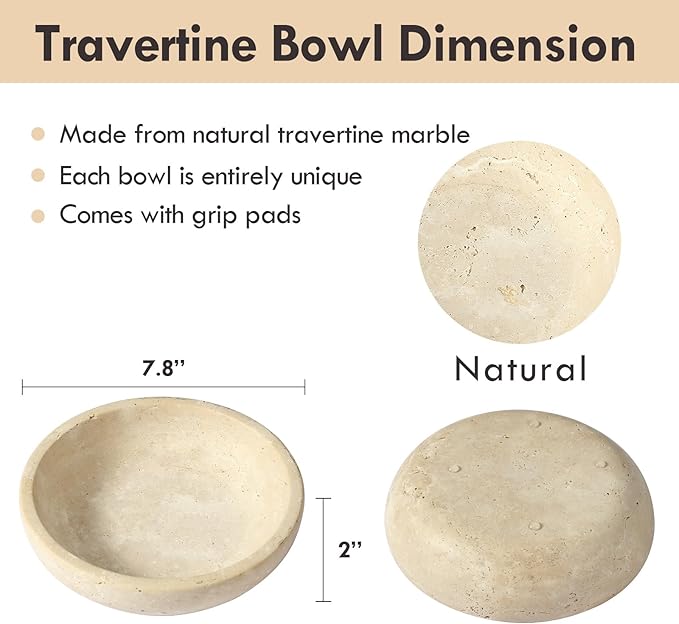 Travertine Decorative Bowl Serving Tray, 7.8" Natural Stone Centerpiece for Dining Table, Round Ottoman Decor, Housewarming Gifts Key Bowl for Entryway Table New Home Apartment Must Haves Essentials