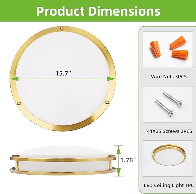 hykolity 16 inch Dimmable LED Flush Mount Ceiling Light Fixture, Gold, 36W, 2200LM, 2.7/3/3.5/4K/5K Adjustbale, 120°Light Angle, CRI90, Ceiling Lamp for Bedroom, Kitchen, Office, ETL Listed