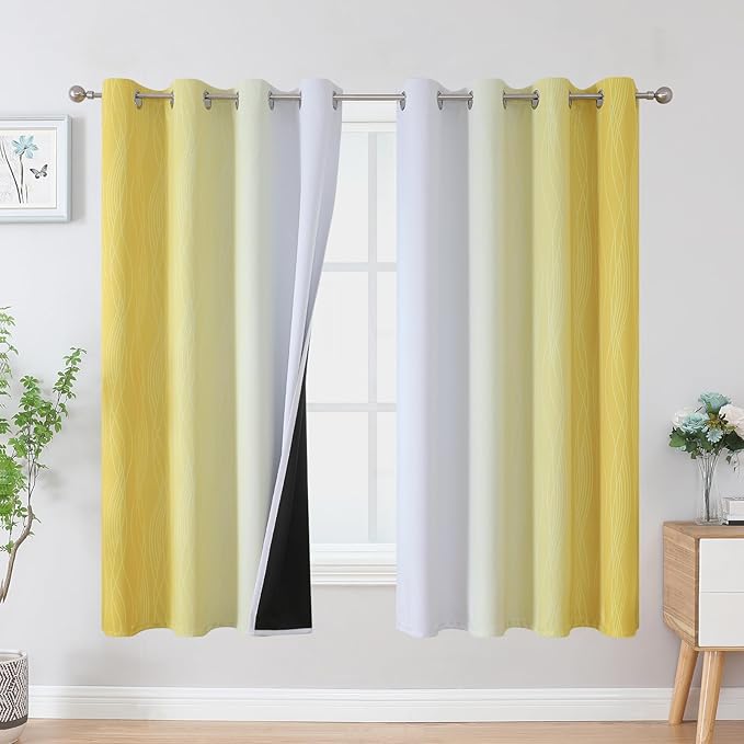 Estelar Textiler Yellow and Greyish White Ombre Blackout Curtains for Bedroom, Gradient Thermal Insulated Blackout Drapes, Full Room Darkening Grommet Curtains for Kids Room, 52Wx63L, 2 Panels