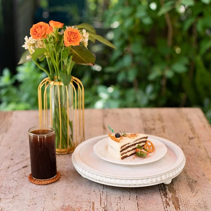HPC Decor 12in Round Wood Tray - White, Distressed, Farmhouse Rustic - Decorative Tray for Living Room, Coffee Table, Kitchen Table or Farmhouse Serving Tray