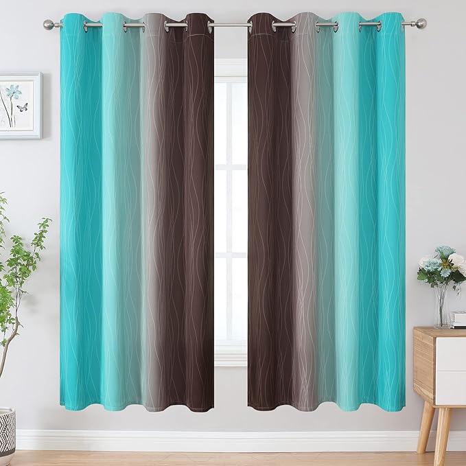 Estelar Textiler Teal and Brown Ombre Blackout Curtains 72 Inches Length for Bedroom, Thermal Insulated Full Light Blocking Grommet Gradient Blackout Drapes for Living Room, 52Wx72L, 2 Panels