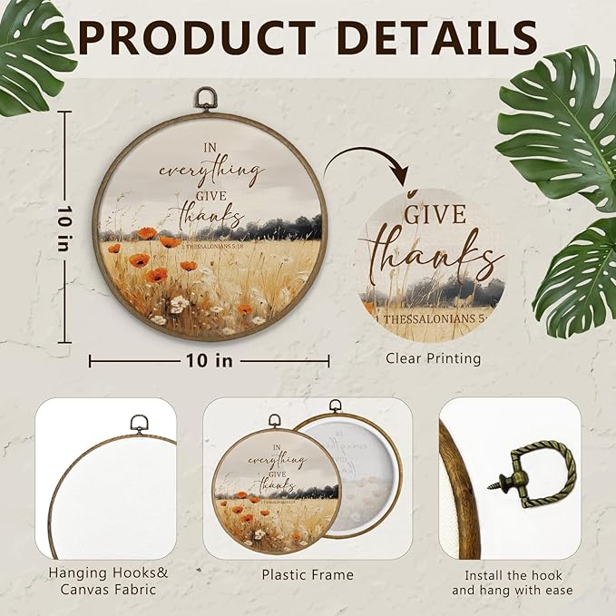 Gnmduw Fall Christian Wall Art Framed, Thanksgiving Fall Landscape Round Hanging Wall Decor, In Everything Give Thanks Canvas Prints Art for Farmhouse Living Room Bathroom Gallery Bedroom, 10x10 Inch