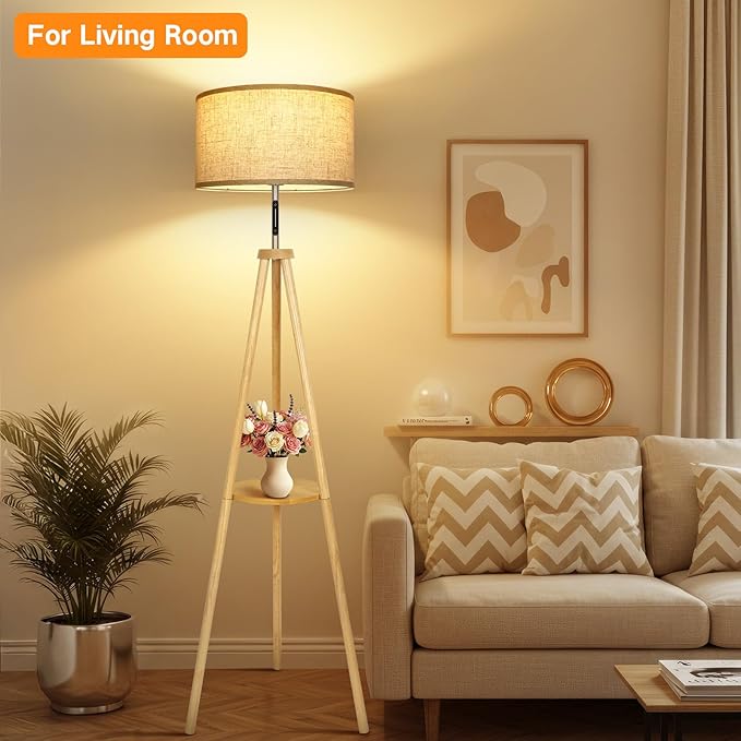 OUTON Wood Tripod Floor Lamp with Shelves, Mid Century LED Modern Dimmable Floor Lamp with Remote Control, Sturdy Tall Standing Lamp with Beige Lamp Shade for Living Room, Bedroom, Office