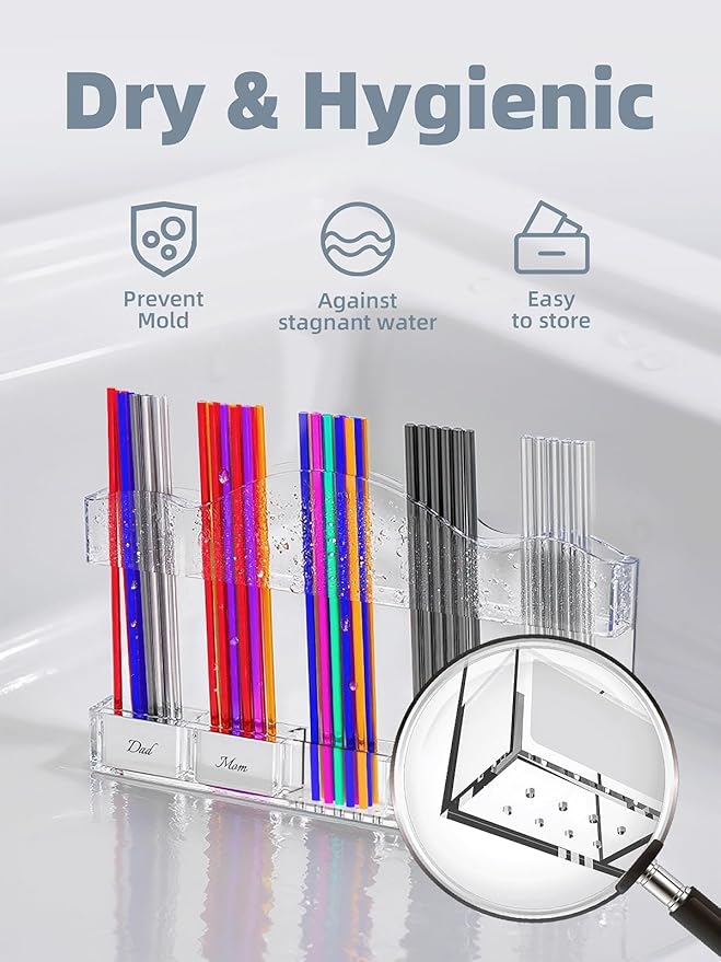 9.8" Acrylic Straw Holder for Cabinet Door - 5-Compartment Organizer with Ultra-Sticky Adhesive, Storage for Reusable Straws and Brushes, Kitchen & RV Essensials