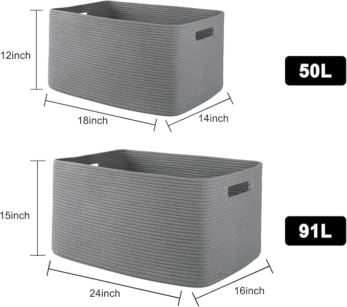 OIAHOMY XXLarge Rectangle Blanket Basket-96L, Cotton Woven Basket for Storage, Dirty Clothes Basket for Living Room, Nursery, Bedroom, Toy Organizing with Handle, 24" x 16" x 15", Dark Grey