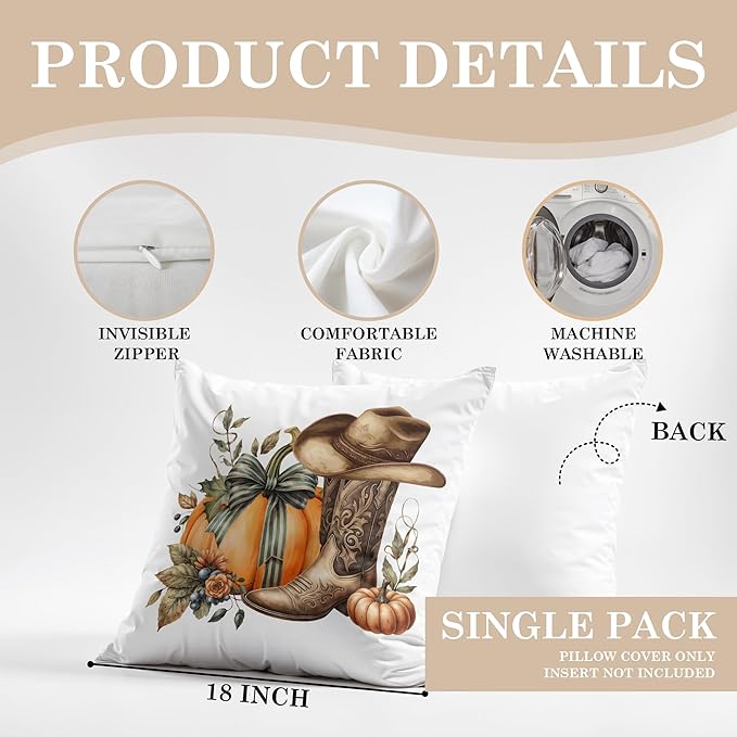 Boho Fall Western Pillow Covers 18x18, Western Fall Decor, Coquette Bow Autumn Pumpkin Country Cowgirl Boot Hat Decorative Throw Pillow Covers for Girls Room Home Bedroom Living Room