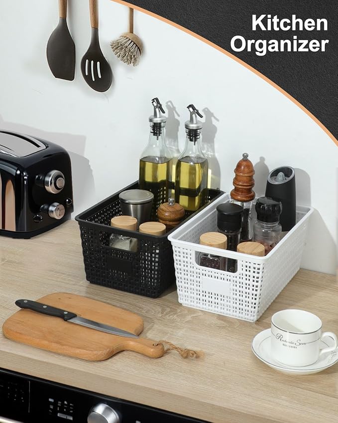 Set of 6 Baskets For Organizing, Plastic Storage Bins and Small Basket for Organization and Storage Shelves Drawers Desktop Closet Playroom Classroom Office, Black