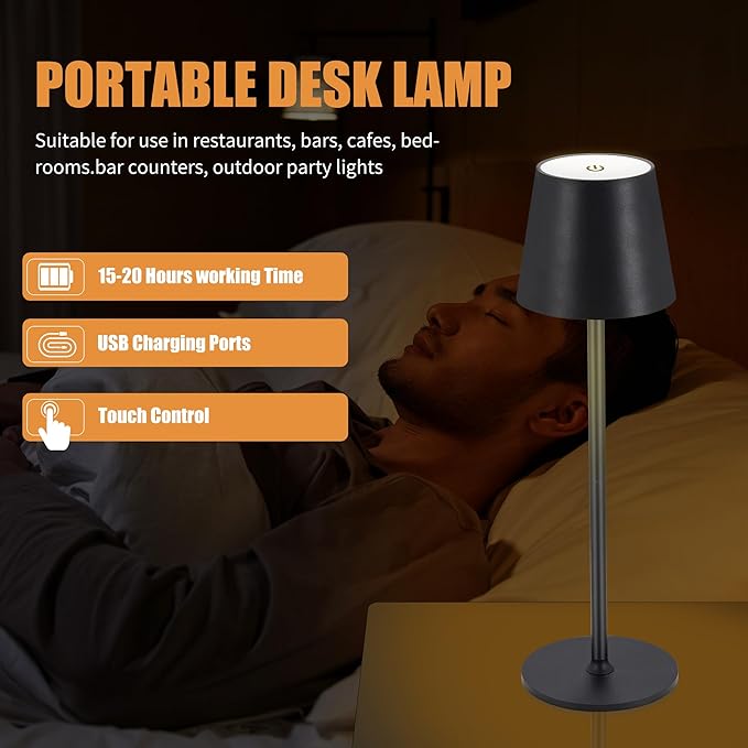 Cordless Table Lamps USB Rechargeable Lamp Simplicity Desk Lamp Built-in 4600 mAh Battery LED Battery Operated lamp with Touch Control Table lamp - Bedroom/Desk/Reading/Patio(2Pcs-Black)