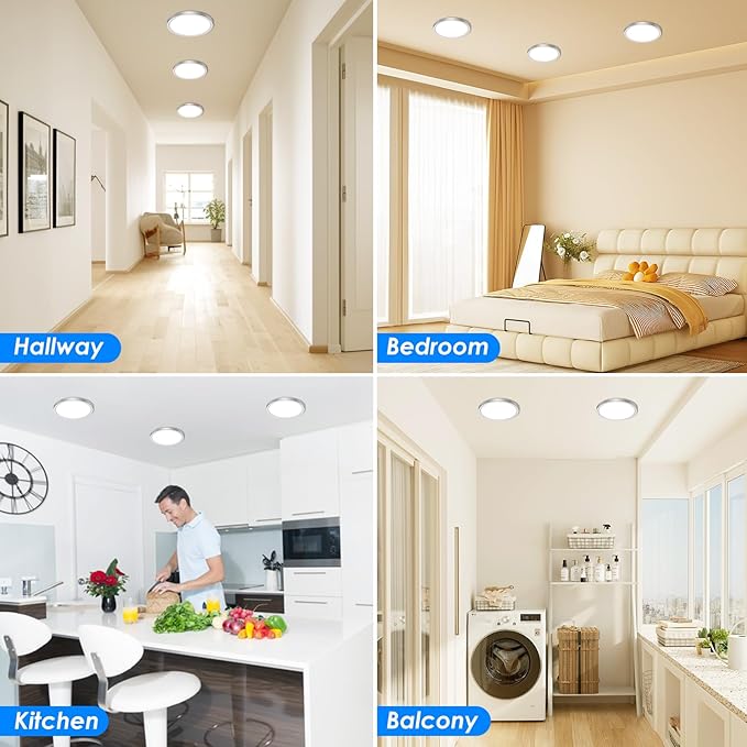 Peasur 7 Inch Satin Round Lighting Brushed Nickel, 15W LED Slim Flush Mount Ceiling Light,3000K/4000K/6500K Adjustable, Modern LED Ceiling Light for Bedroom, Living Room and Kitchen(2-Pack)