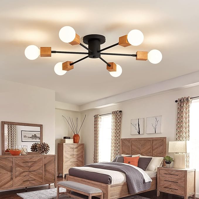 Semi Flush Mount Wood Ceiling Light Fixture 6-Lights Rustic Wooden Sputnik Chandelier Farmhouse Ceiling Lighting Oak and Black with E26 for Dining Room Bedroom Kitchen Lighting Fixture.