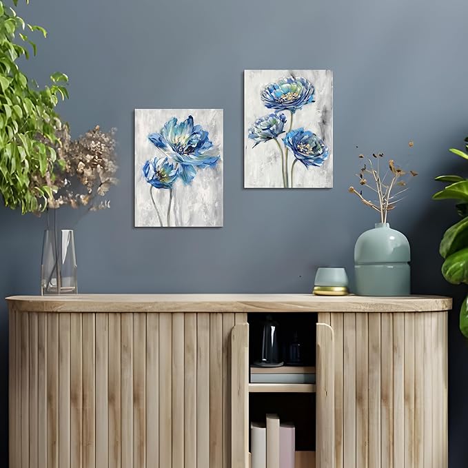 Color Play Blue Flower Canvas Wall Art: Bathroom Bedroom Abstract Lotus Floral Painting Picture 2 Piece Modern Botanical Nature Giclee Print Artwork for Living Room Home Decor Ready to Hang