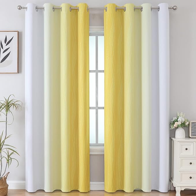 Estelar Textiler Yellow and Greyish White Gradient Blackout Curtains, Thermal Insulated Ombre Blackout Drapes for Bedroom, Room Darkening Energy Saving Curtains for Living Room, 52Wx84L, 2 Panels