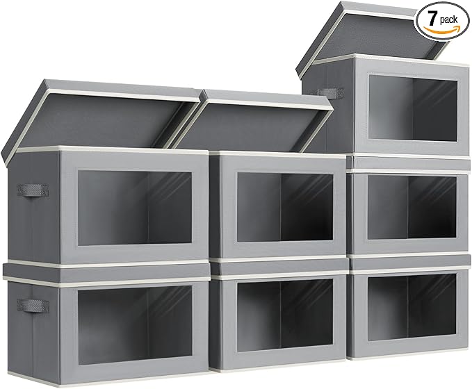 Storage Box with Lids - 7 Pack Fabric Clear Window Storage Bins, Decorative Bins with Handles, Large Foldable Organizer for Clothes, Towel, Blanket, Sheet, Grey
