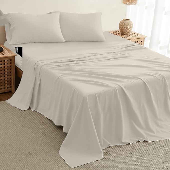 DREAMCARE Twin XL Sheet Set - Cooling Bed Sheets - 4pc Set - up to 15" Deep Pocket - Soft & Long Lasting 100% Fine Brushed Polyester with Side Pocket - Ivory