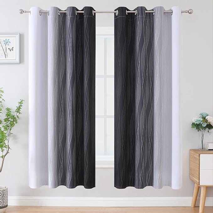 Estelar Textiler Full Room Darkening Blackout Curtains 72 Inch Length 2 Panels Set, Ombre Greyish White and Black Thermal Insulated Full Light Blocking Grommet Blackout Drapes for Bedroom, 52Wx72L