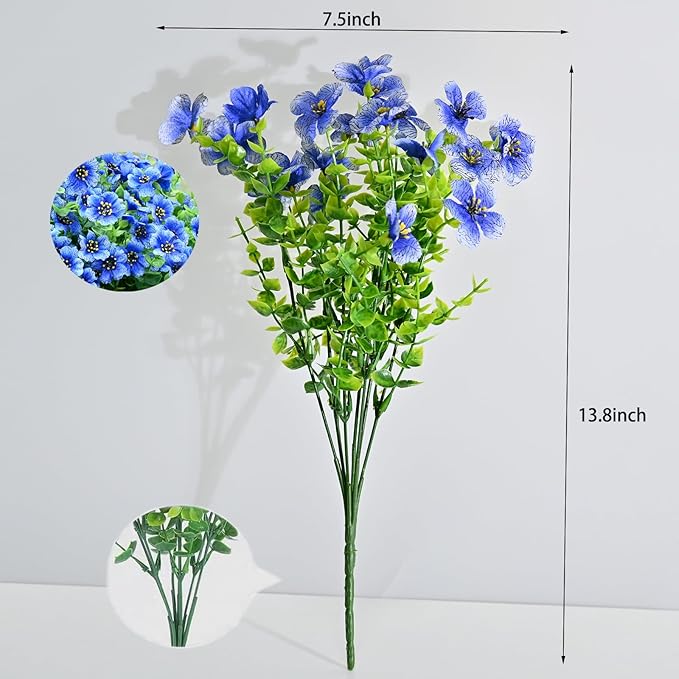LADADA 6 Bundles Artificial Fake Flowers,Fake Blue Silk Daisy with Eucalyptus for Planter Pot UV Resistant Realistic for Outside Porch Home Patio Garden Decoration (White Blue)
