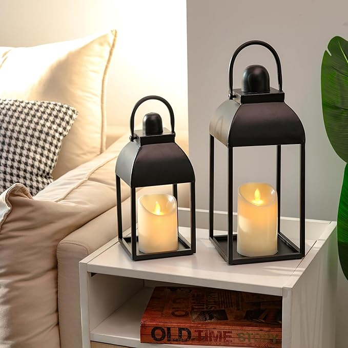 Lanterns Decorative Indoor Outdoor 15" 11" Set of 2 Lantern Decor Black Metal Candle Lanterns with Flameless Candles, Outdoor Lanterns for Porch Patio Wedding Mantle Home Decor