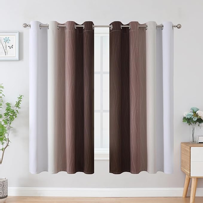 Estelar Textiler Brown and Greyish White Blackout Curtains 63 Inch Length 2 Panels Set, Full Room Darkening Grommet Ombre Curtains for Bedroom, Thermal Insulated Light Blocking Gradient Drapes,52Wx63L