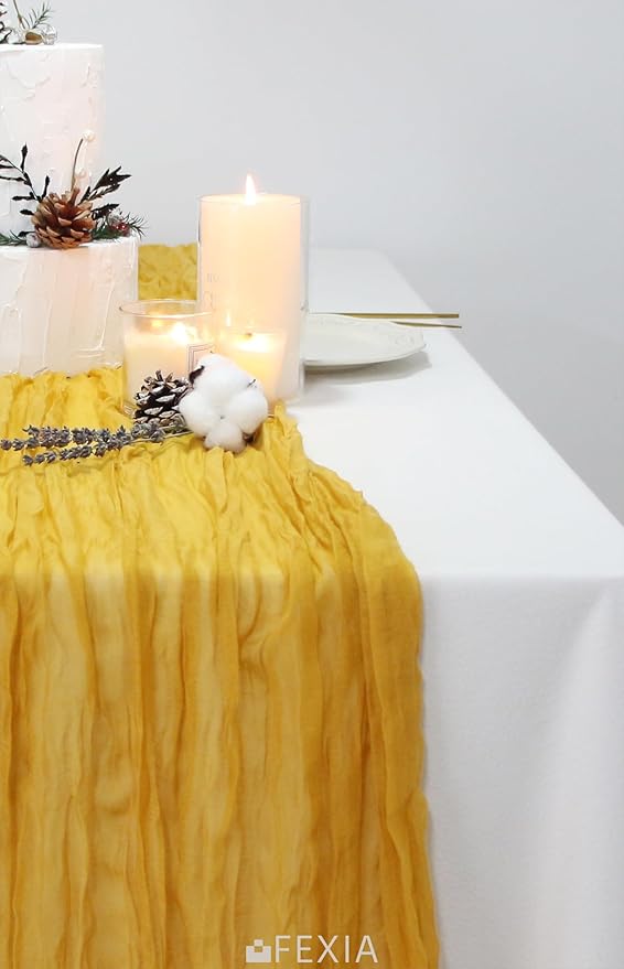 FEXIA 12 Pack Gold Table Runner 35x120 Inches for Summer Decor Baby Shower Decoration Gauze Rustic Table Runner for Wedding Party First Communion Centerpiece Engagement Bridal Shower Boho Decoration