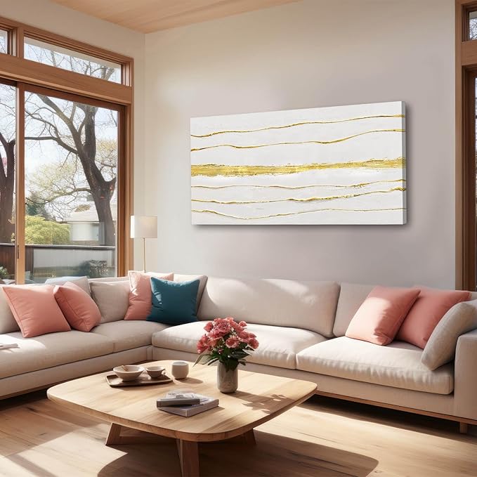 Gold Line Art Minimalist Canvas Prints Abstract Wall Decor White Pictures Wall Art for Home Dining Room Office 24x48 Inch Modern Artwork