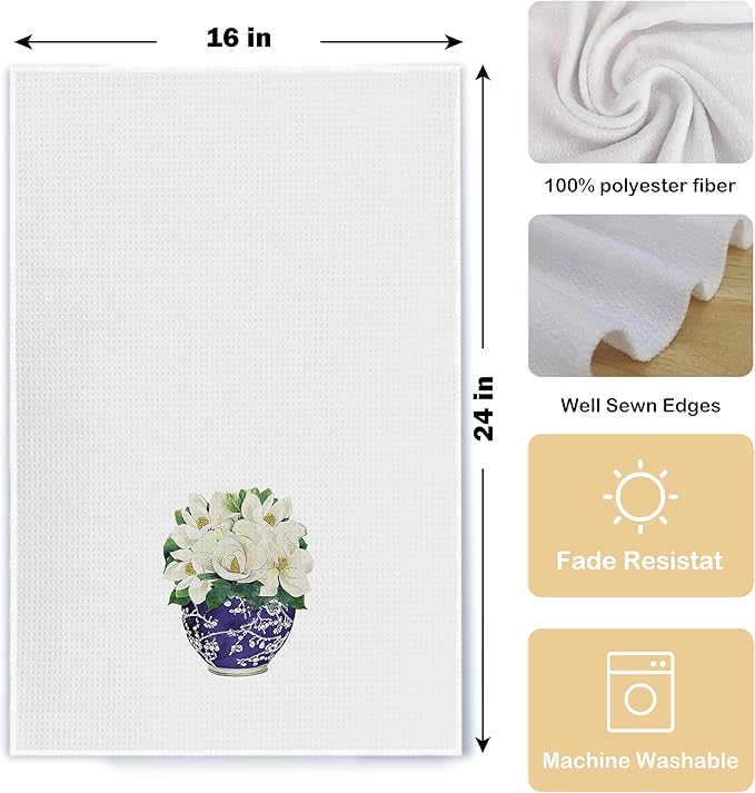 Chinoiserie Vase Kitchen Tea Towel Set of 2 - Floral Dish Towels, Vintage Kitchen Towels, Waffle Weave Hand Towels 16 X 24 Inch