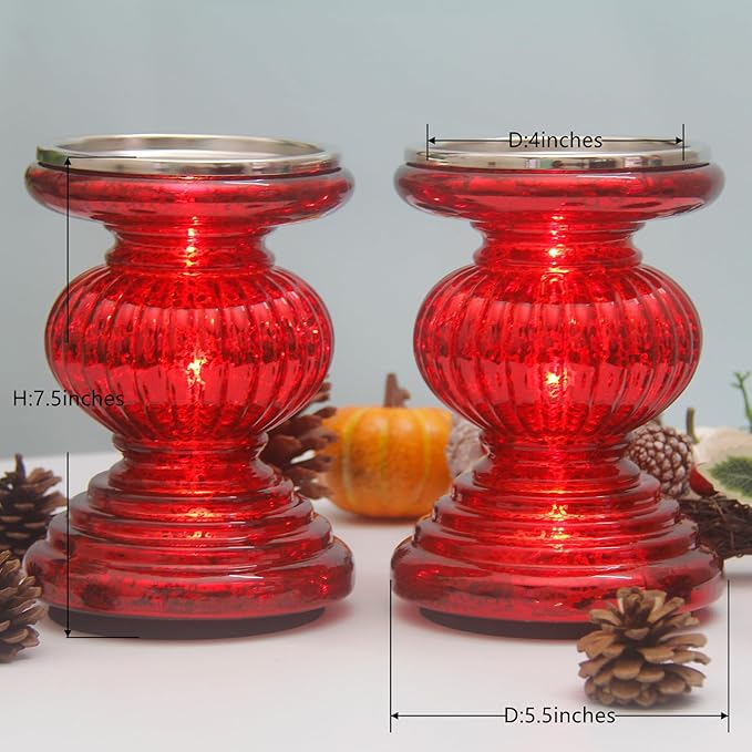 Mercury Glass Pillar Candle Pedestal Holders with Lights Set of 2,Candle Holder for Pillar Candle,Candlestick Holders,Perfect Decoration for Wedding Home Dining Table Xmas(Red)