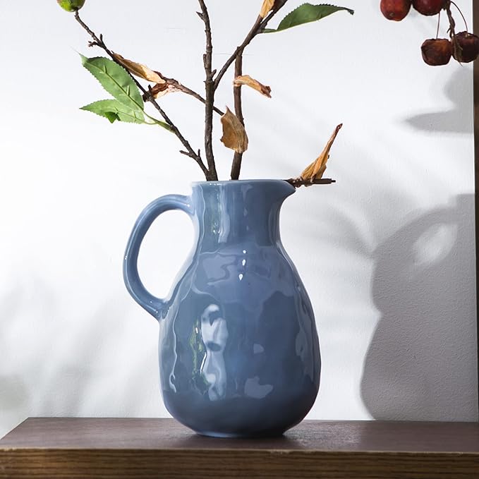 Kimdio Blue Ceramic Vase with Handle, Modern Pitcher Vase for Home Decor, Nordic Pottery Vase, Decorative Flower Vase, Clay Vase, Centerpieces for Living Room