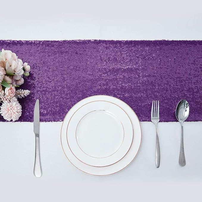 10 Packs 12 x 108 inches Purple Sequin Table Runner, Glitter Purple Table Runner for Wedding Birthday Bachelorette Holiday Party Supplies Decorations Bridal Shower Baby Shower
